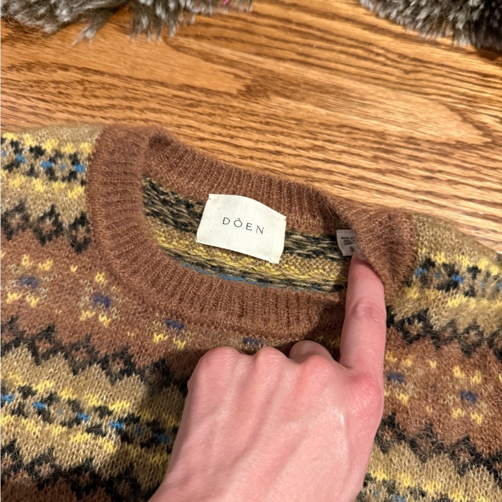 Doen Fran Mohair/Merino Fair Isle Wool Sweater - Brown, Cream, Green size Small - Picture 4 of 12
